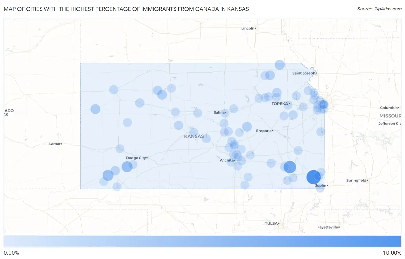 Cities with the Highest Percentage of Immigrants from Canada in Kansas Map