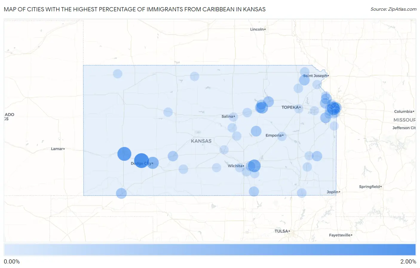 Cities with the Highest Percentage of Immigrants from Caribbean in Kansas Map