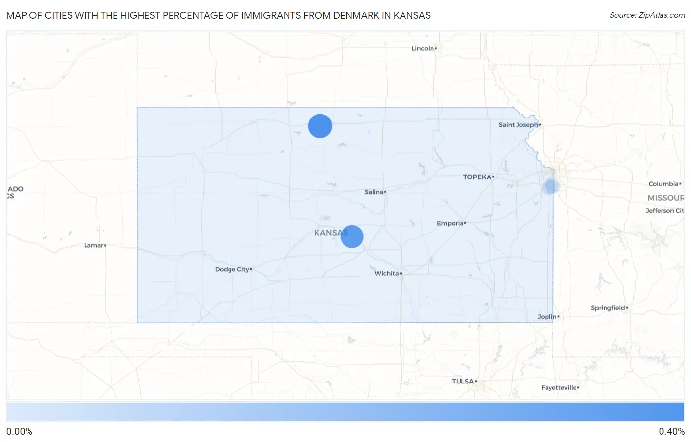 Cities with the Highest Percentage of Immigrants from Denmark in Kansas Map