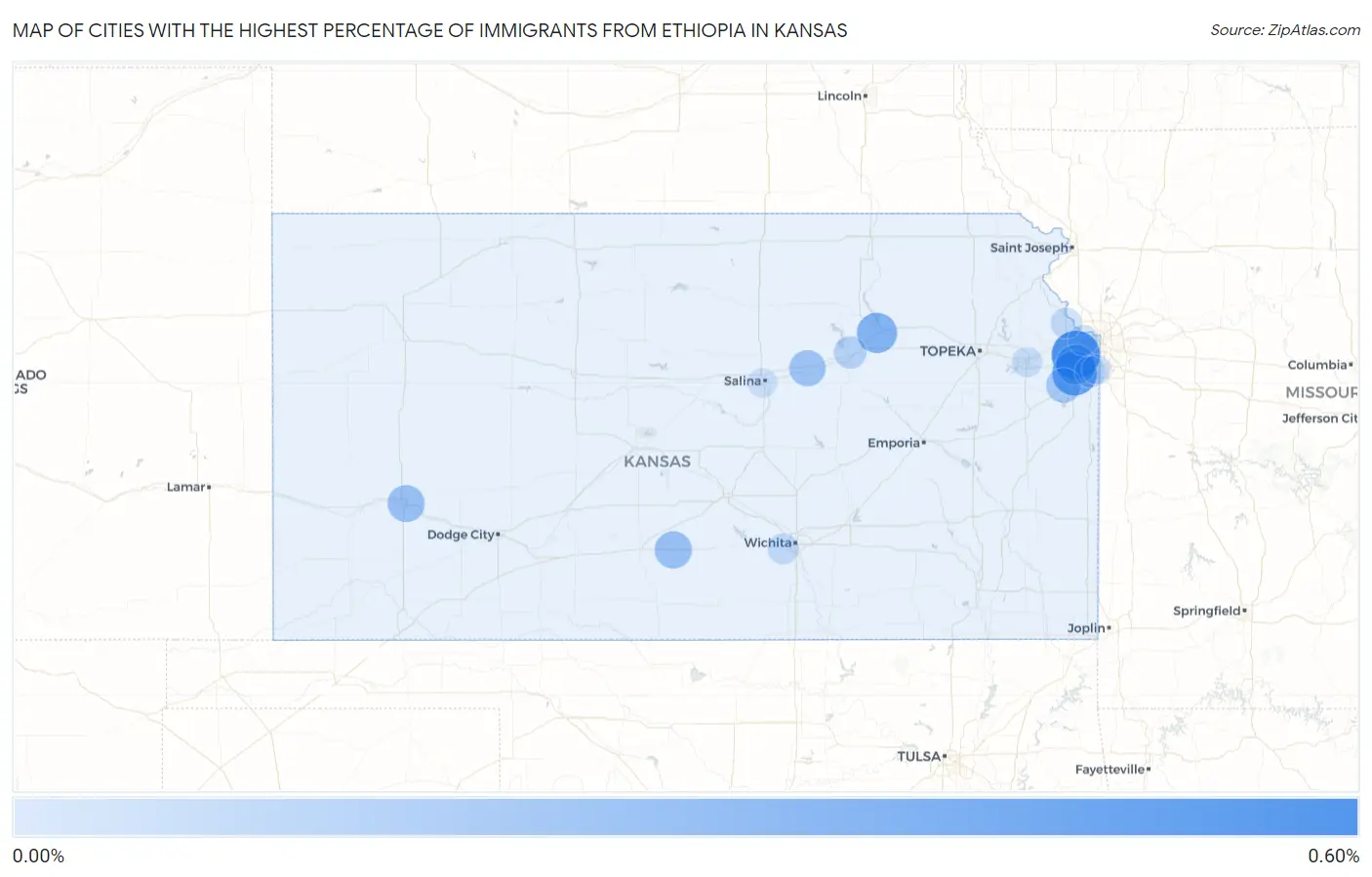 Cities with the Highest Percentage of Immigrants from Ethiopia in Kansas Map