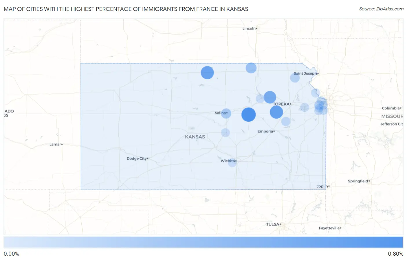 Cities with the Highest Percentage of Immigrants from France in Kansas Map
