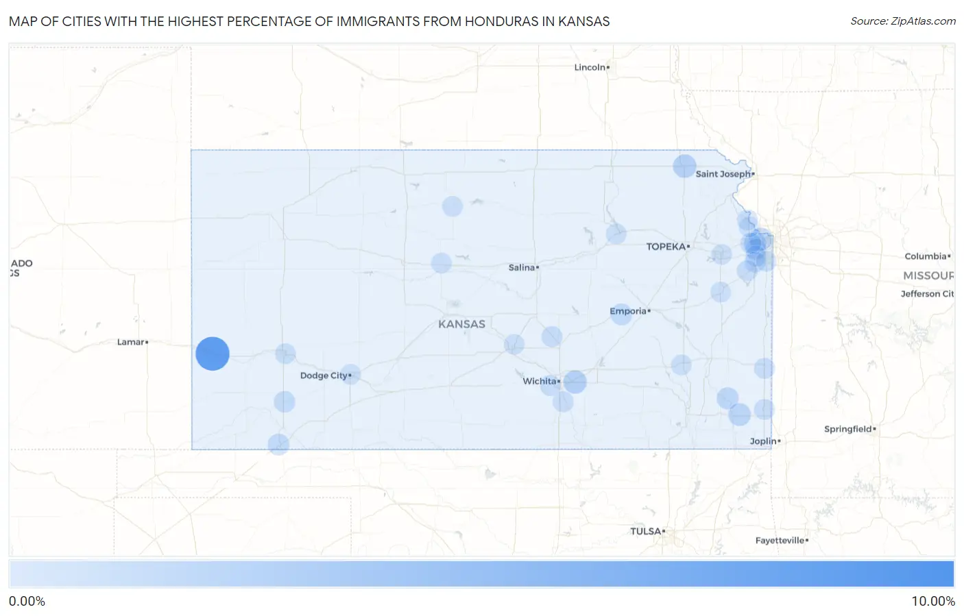 Cities with the Highest Percentage of Immigrants from Honduras in Kansas Map