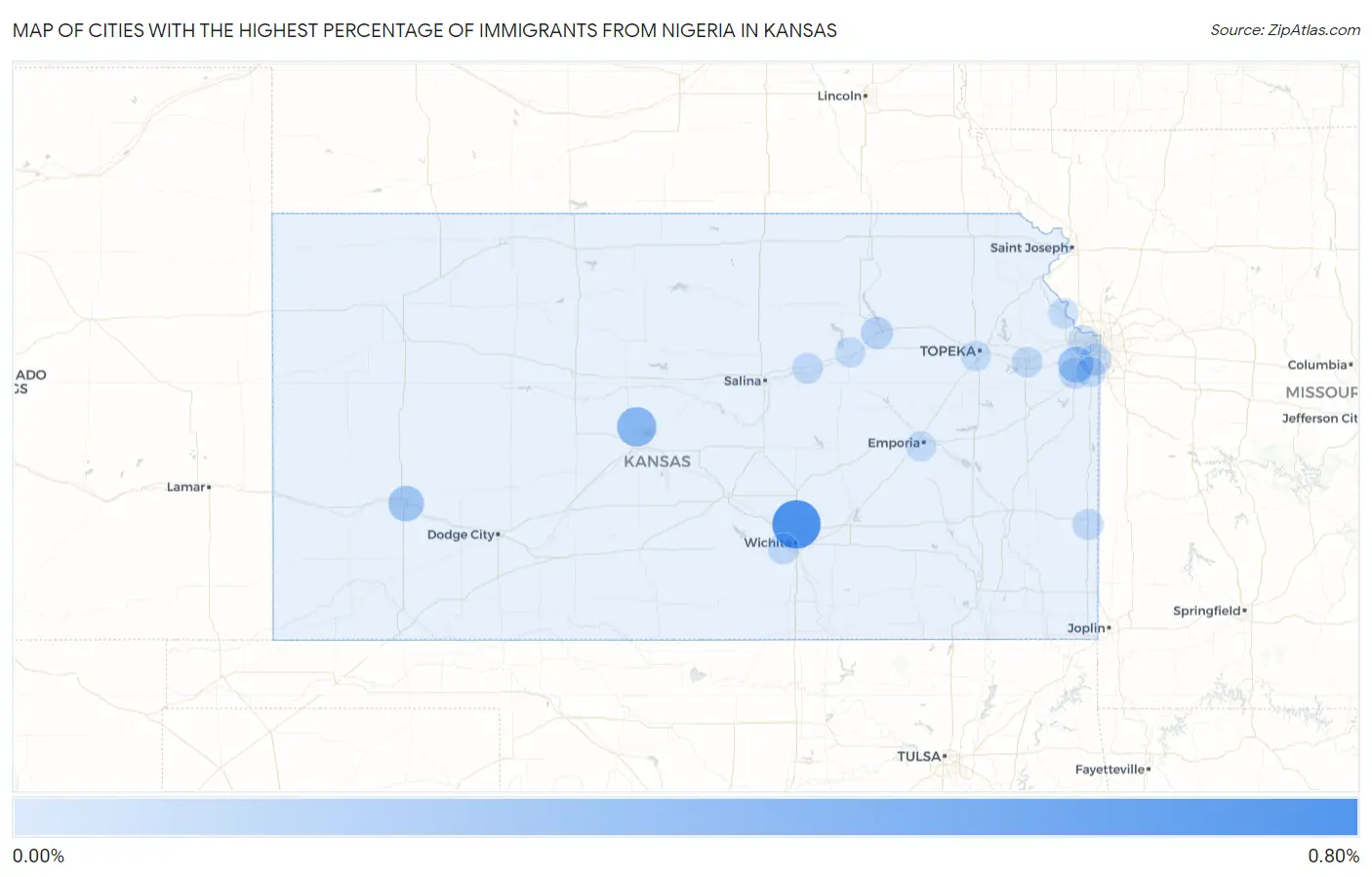 Cities with the Highest Percentage of Immigrants from Nigeria in Kansas Map