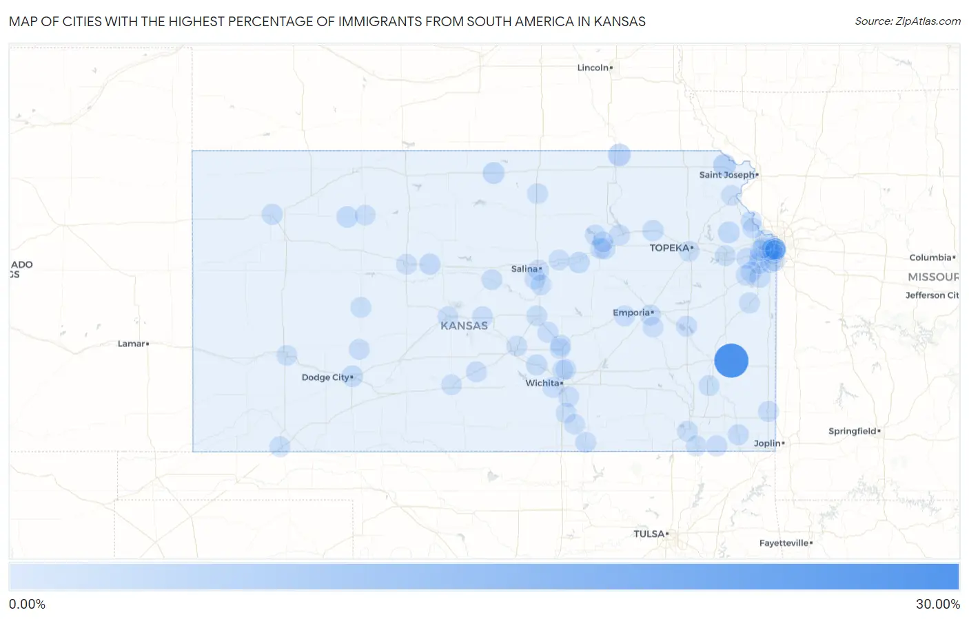 Cities with the Highest Percentage of Immigrants from South America in Kansas Map