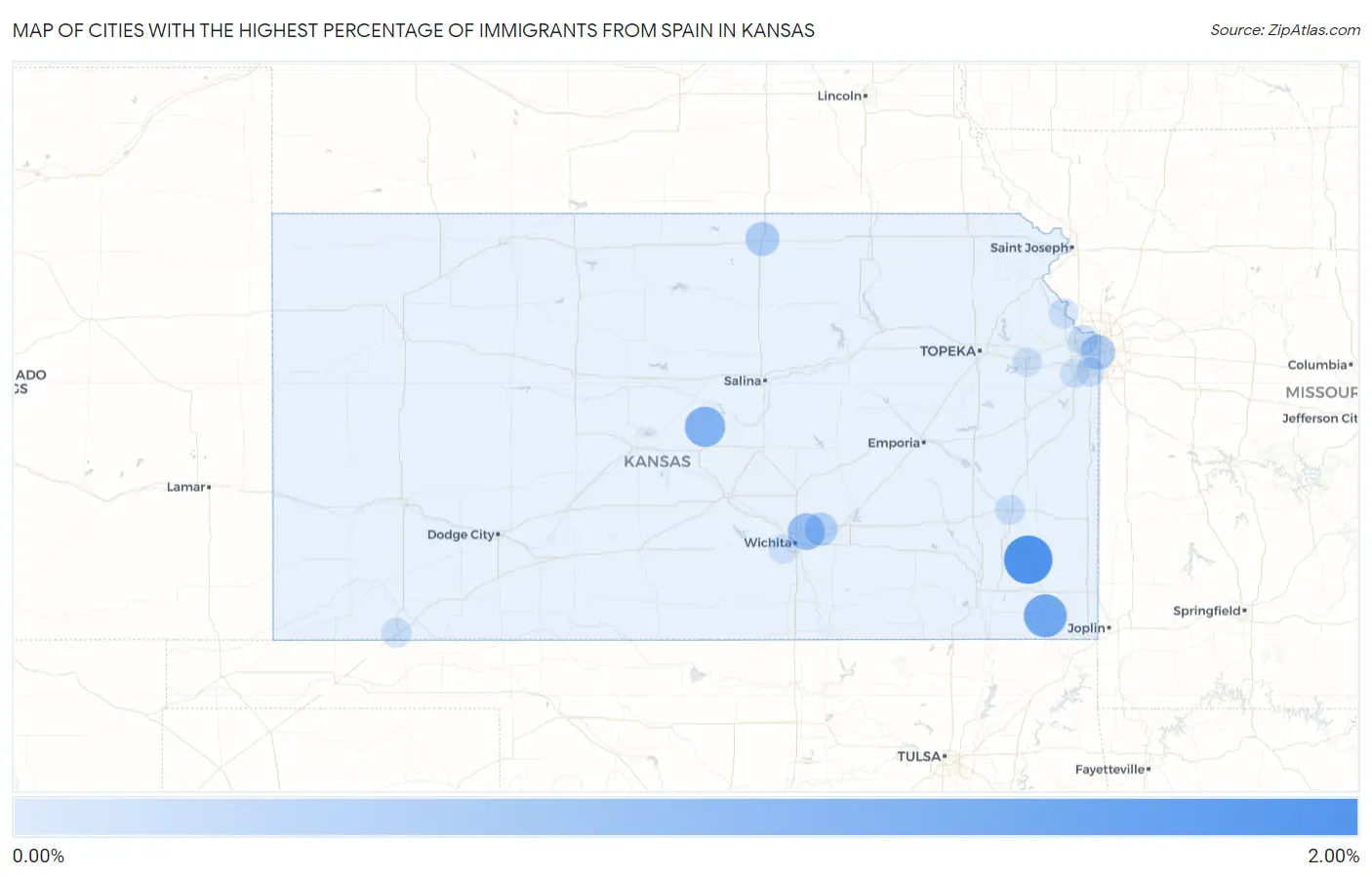 Cities with the Highest Percentage of Immigrants from Spain in Kansas Map