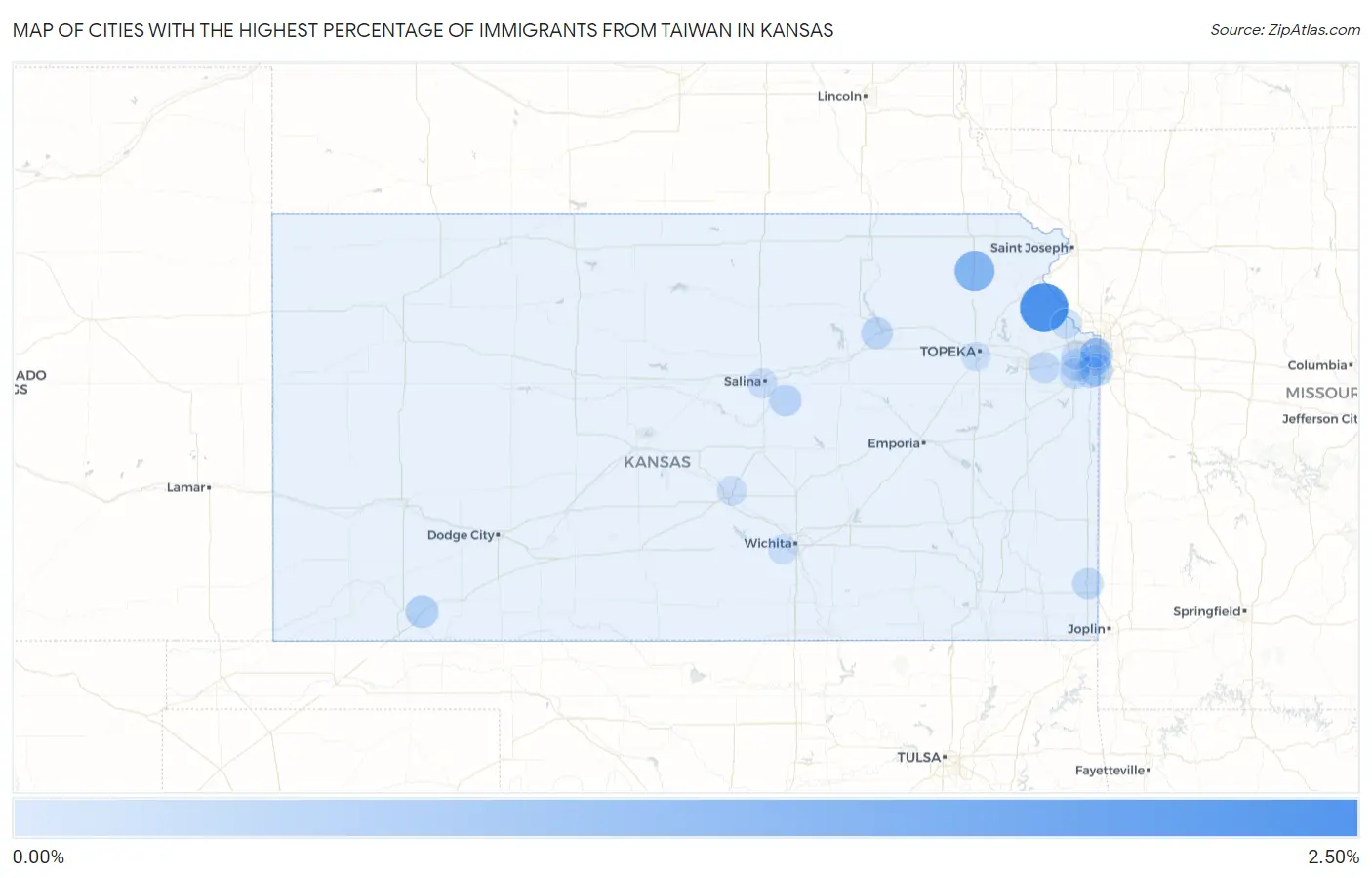 Cities with the Highest Percentage of Immigrants from Taiwan in Kansas Map
