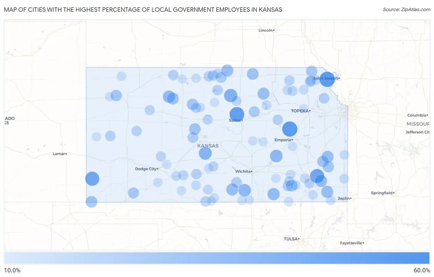 Cities with the Highest Percentage of Local Government Employees in Kansas Map