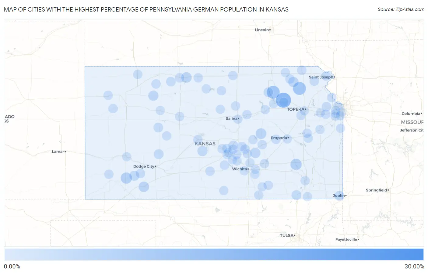 Cities with the Highest Percentage of Pennsylvania German Population in Kansas Map