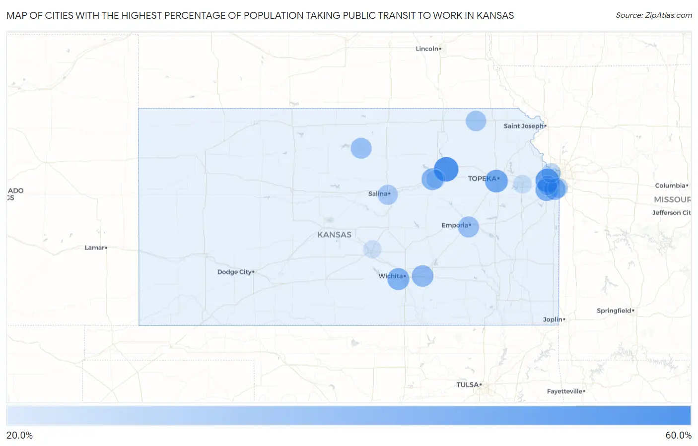 Cities with the Highest Percentage of Population Taking Public Transit to Work in Kansas Map