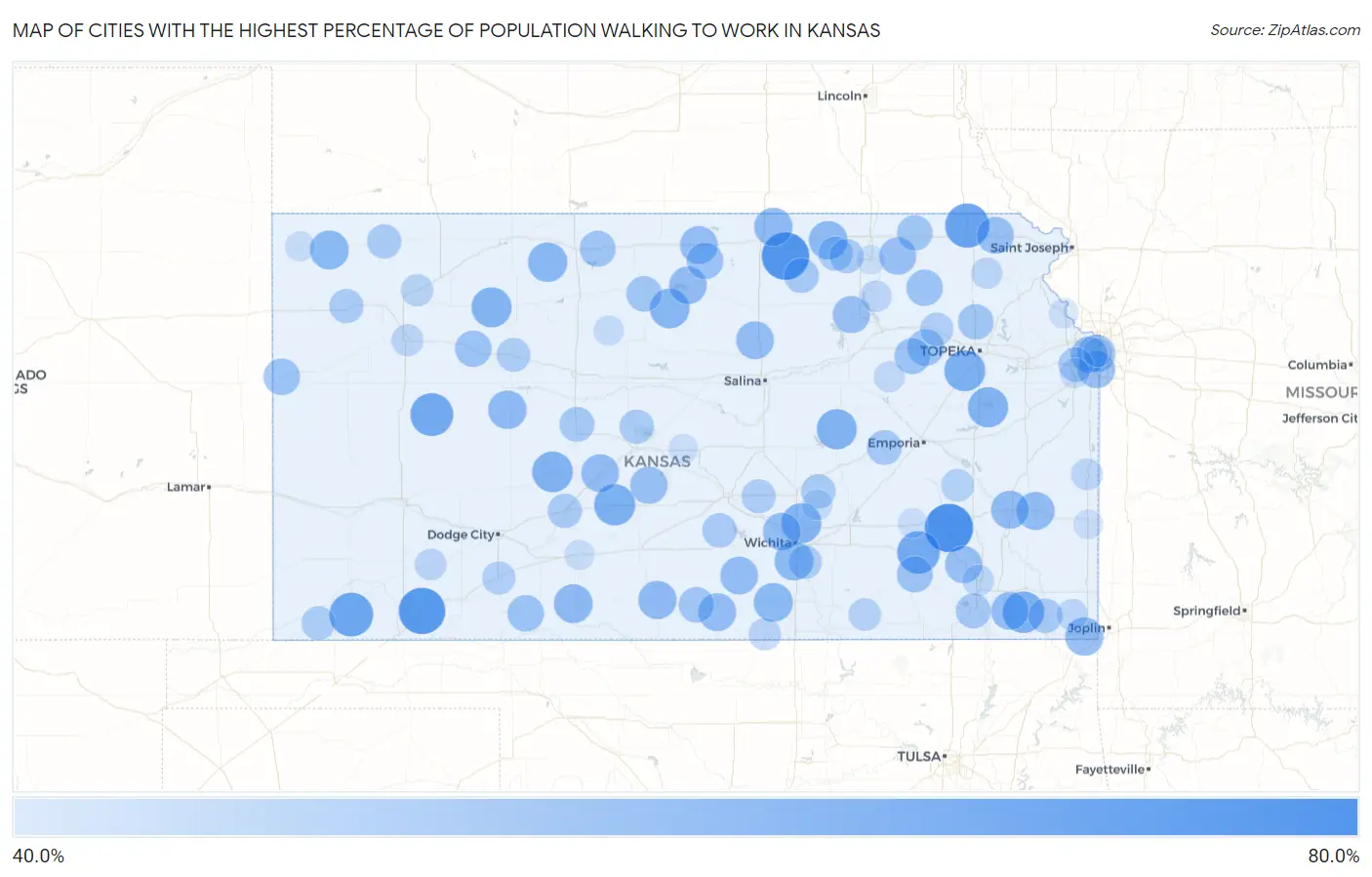 Cities with the Highest Percentage of Population Walking to Work in Kansas Map