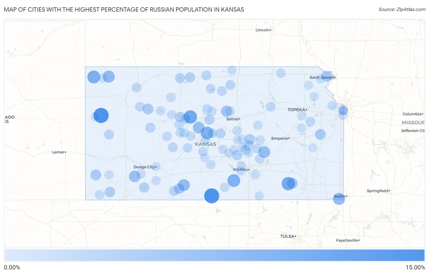 Cities with the Highest Percentage of Russian Population in Kansas Map