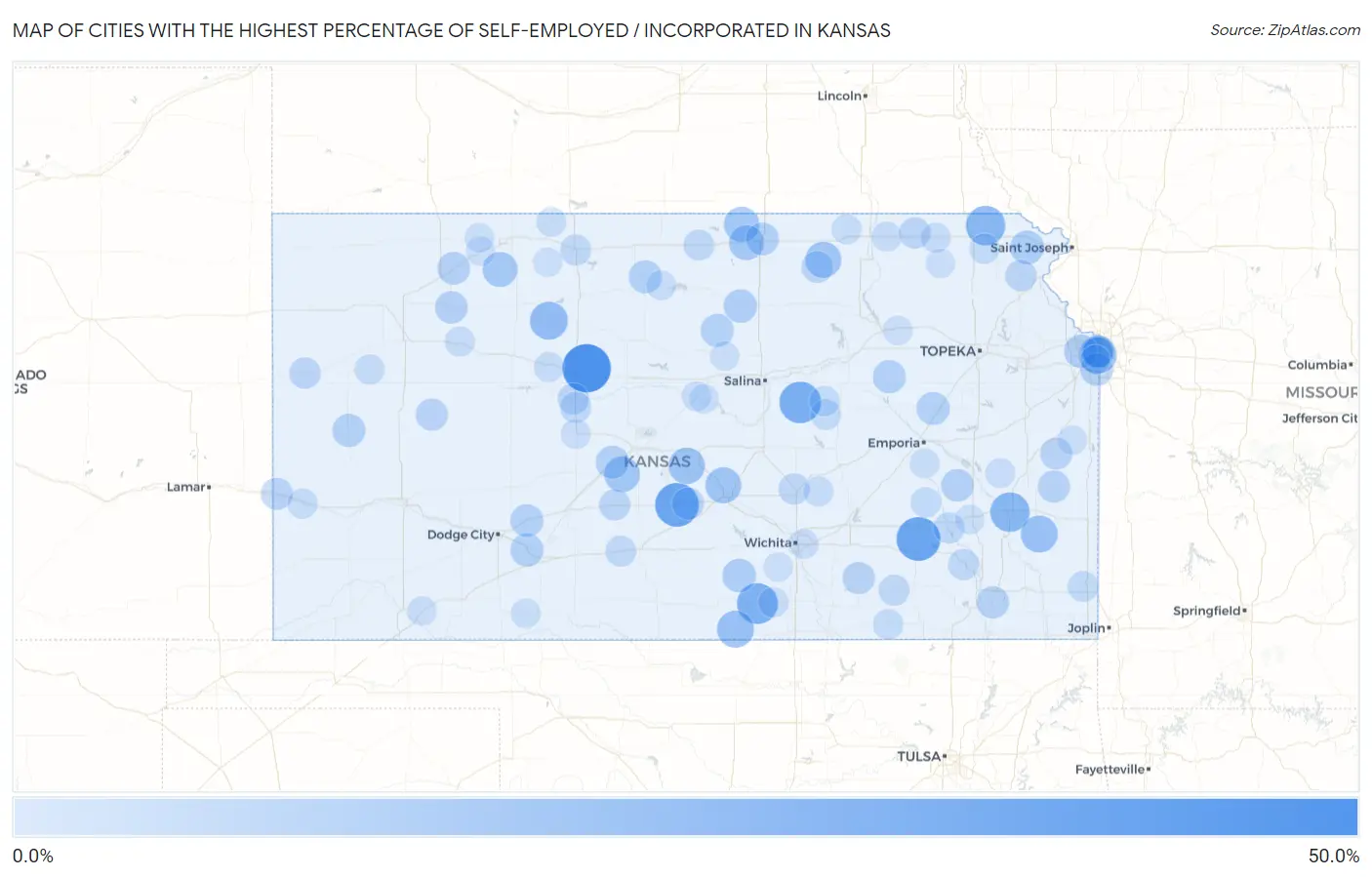 Cities with the Highest Percentage of Self-Employed / Incorporated in Kansas Map