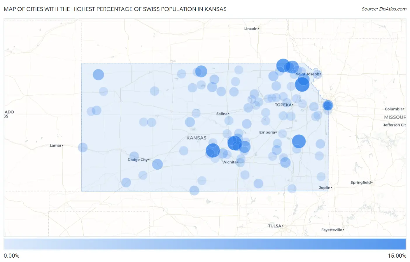 Cities with the Highest Percentage of Swiss Population in Kansas Map