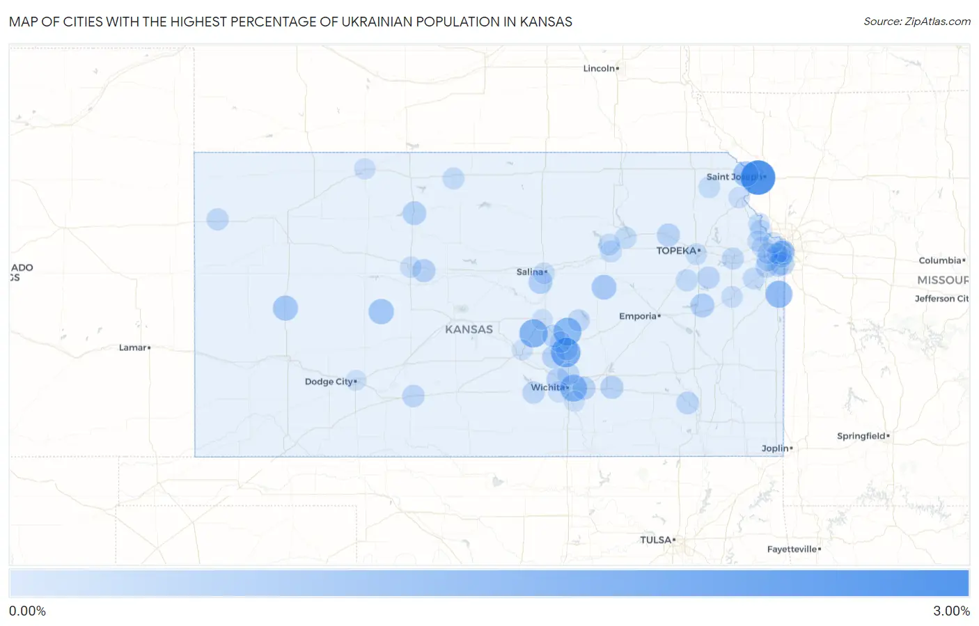 Cities with the Highest Percentage of Ukrainian Population in Kansas Map