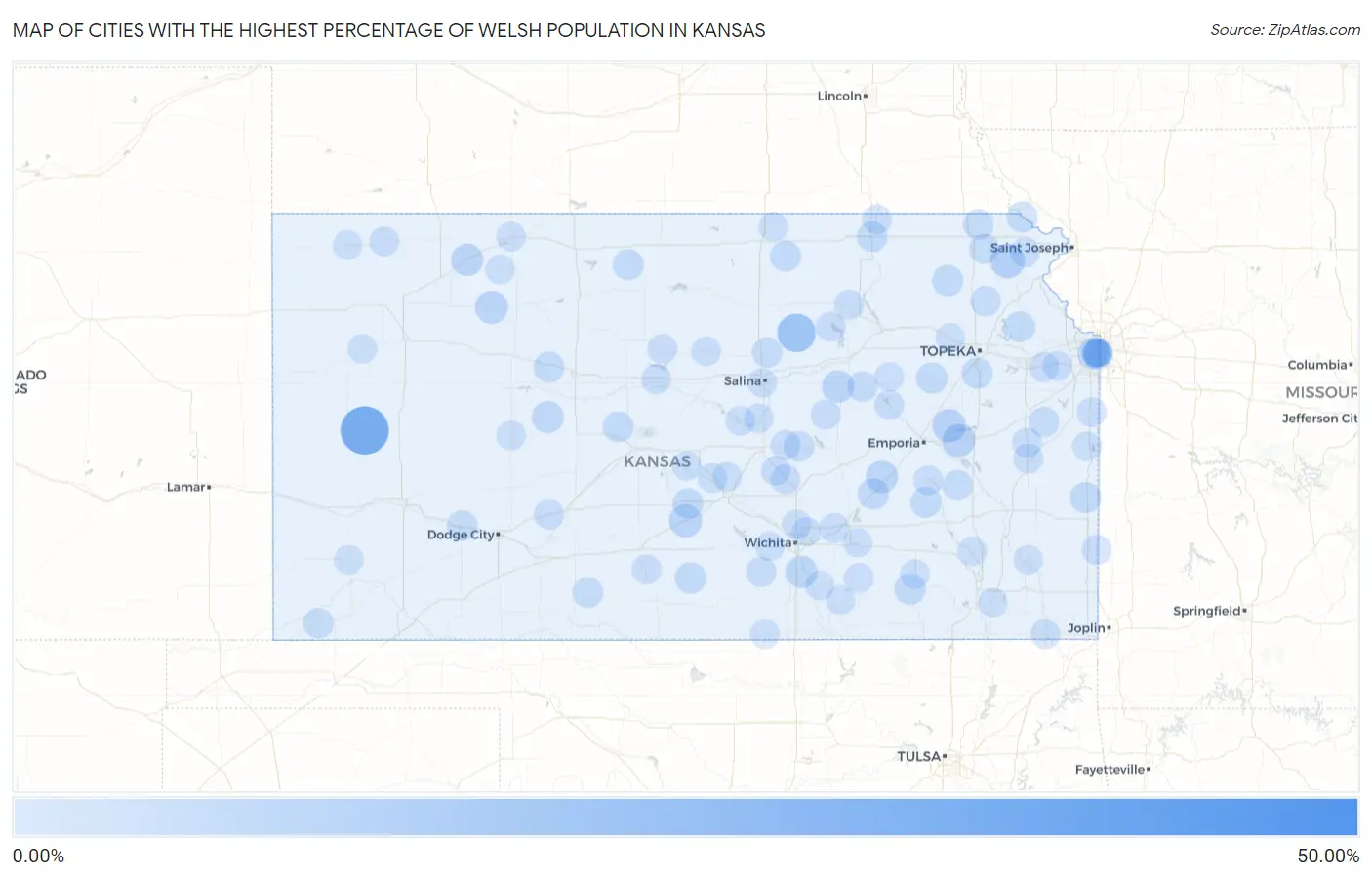 Cities with the Highest Percentage of Welsh Population in Kansas Map