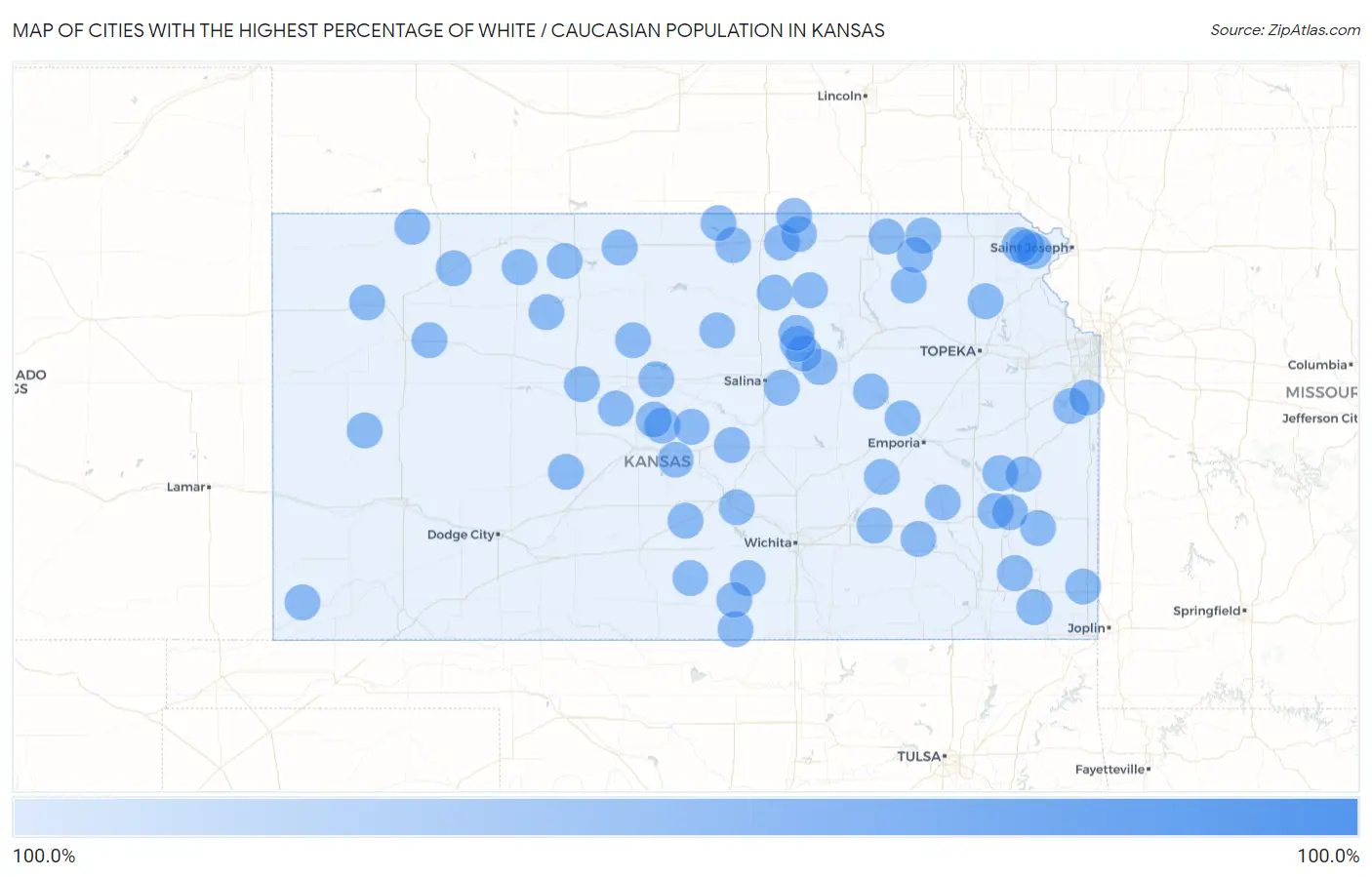 Cities with the Highest Percentage of White / Caucasian Population in Kansas Map