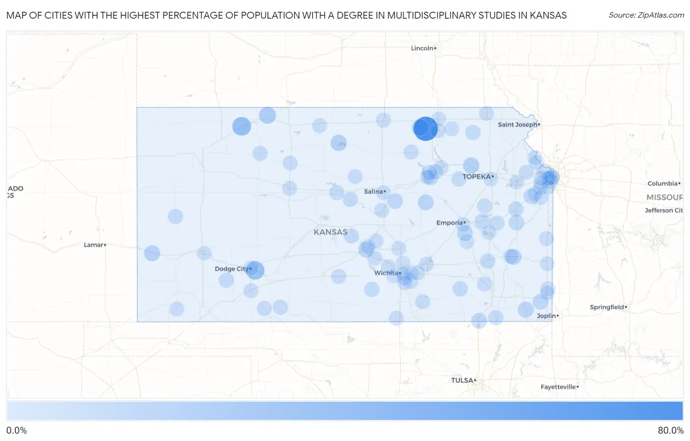 Cities with the Highest Percentage of Population with a Degree in Multidisciplinary Studies in Kansas Map