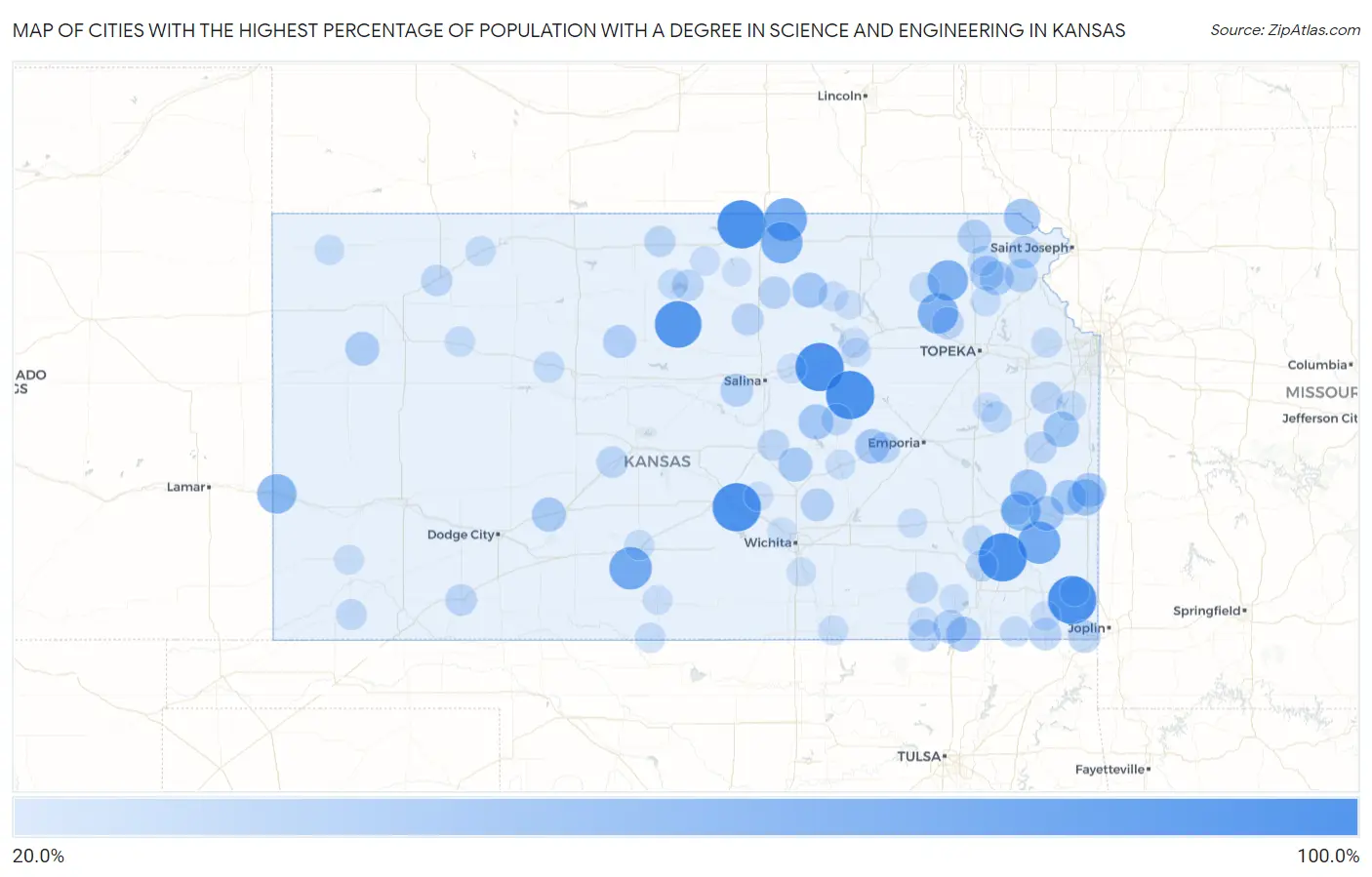 Cities with the Highest Percentage of Population with a Degree in Science and Engineering in Kansas Map