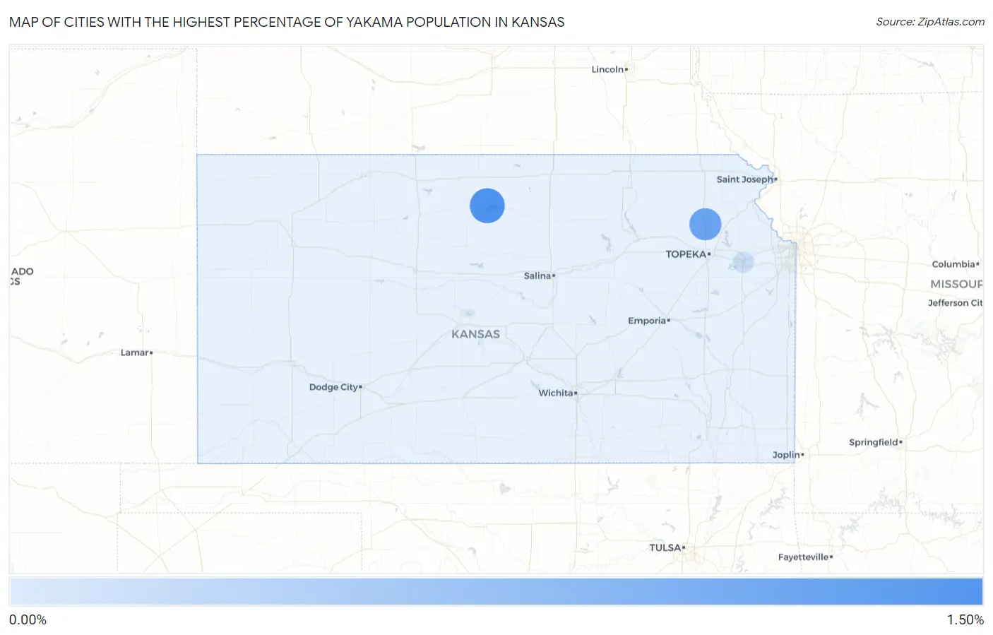 Cities with the Highest Percentage of Yakama Population in Kansas Map