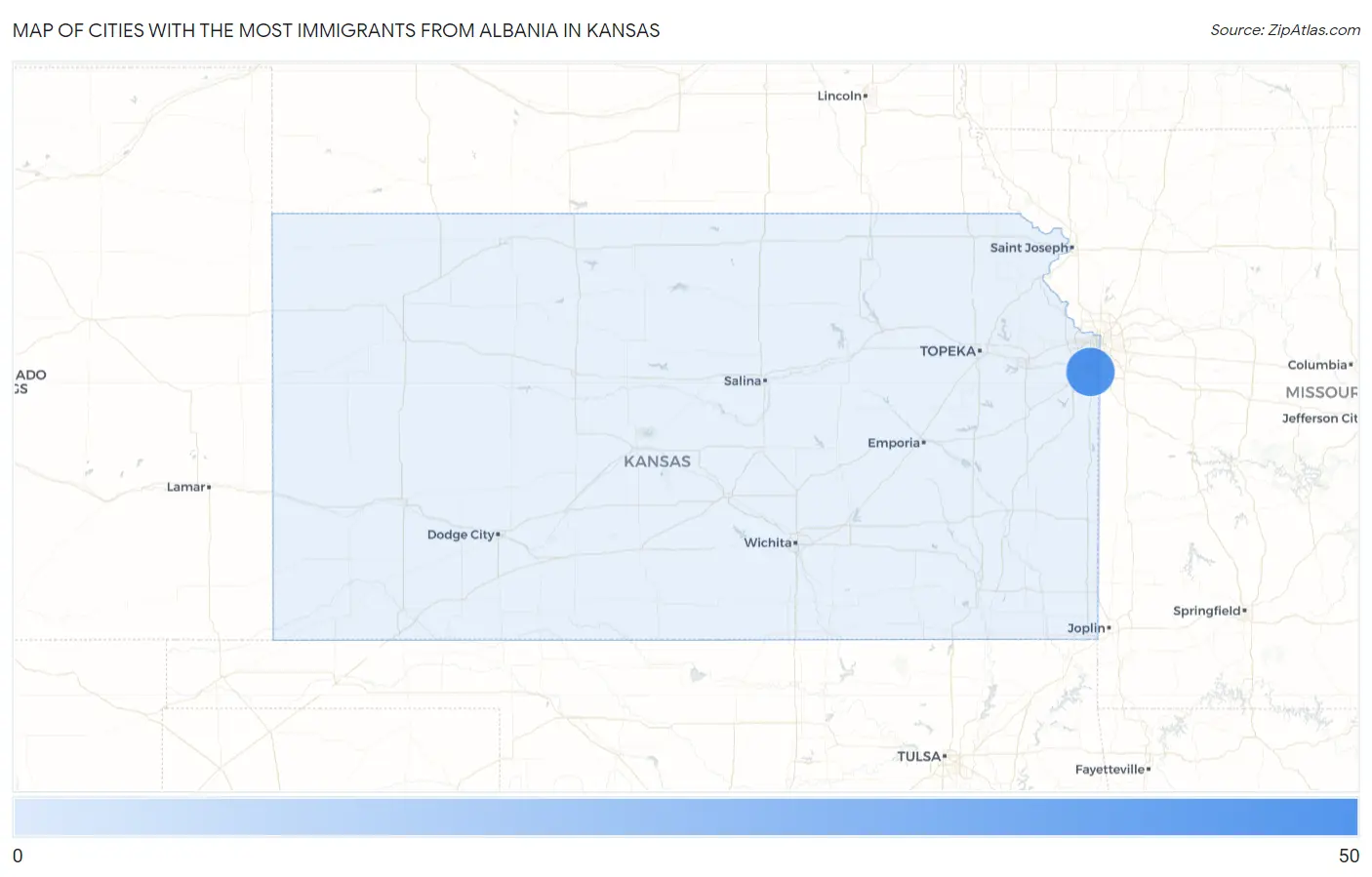 Cities with the Most Immigrants from Albania in Kansas Map