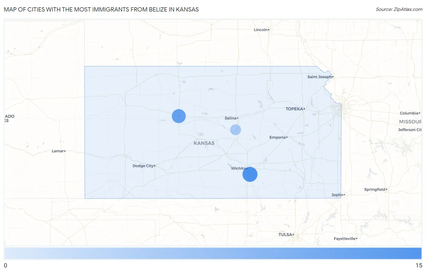 Cities with the Most Immigrants from Belize in Kansas Map
