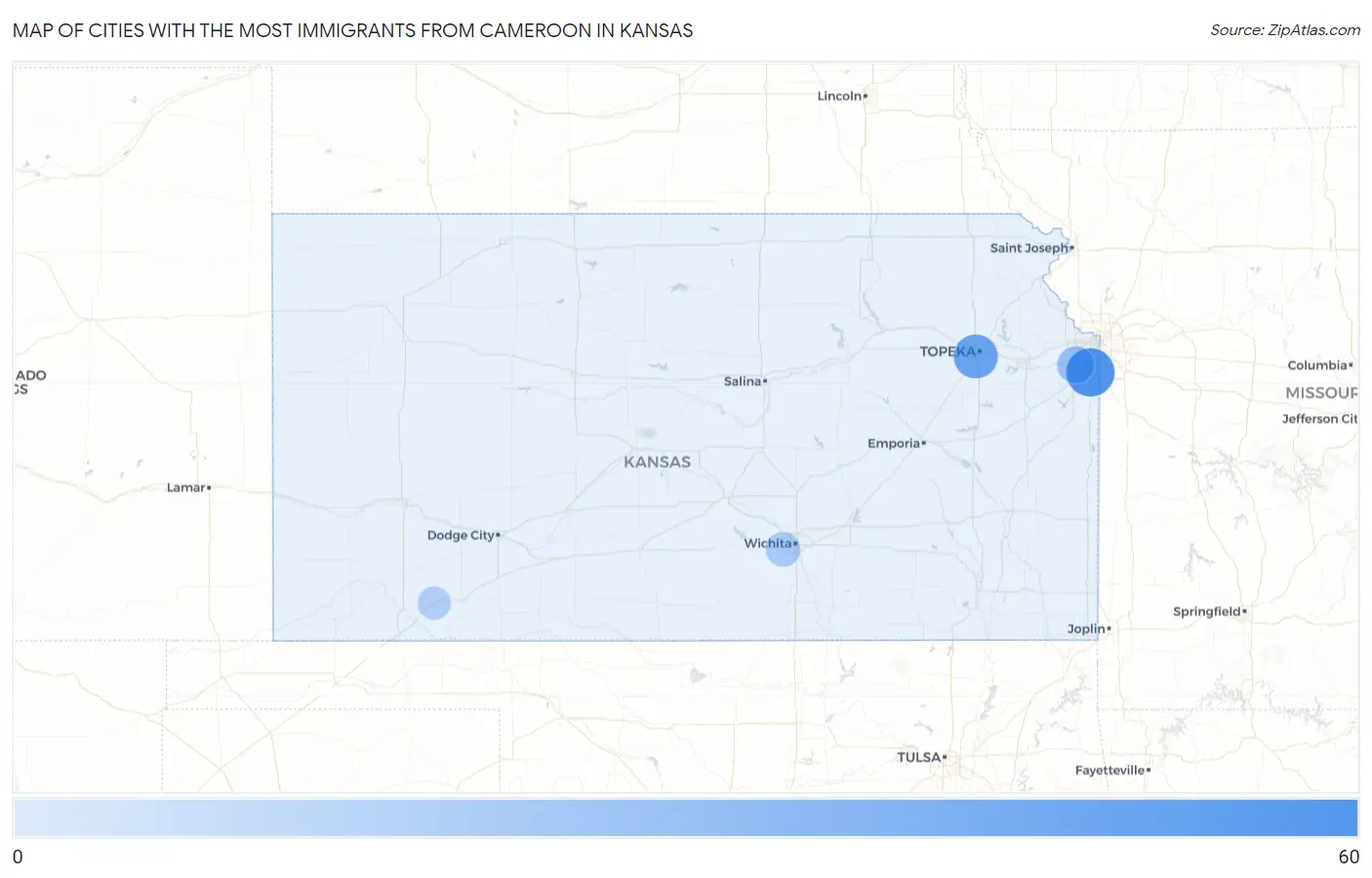 Cities with the Most Immigrants from Cameroon in Kansas Map
