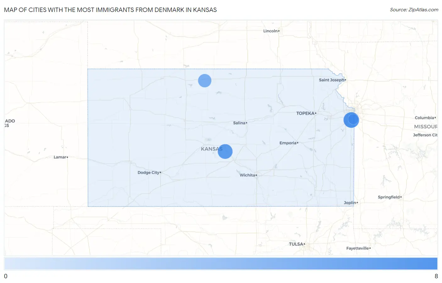 Cities with the Most Immigrants from Denmark in Kansas Map