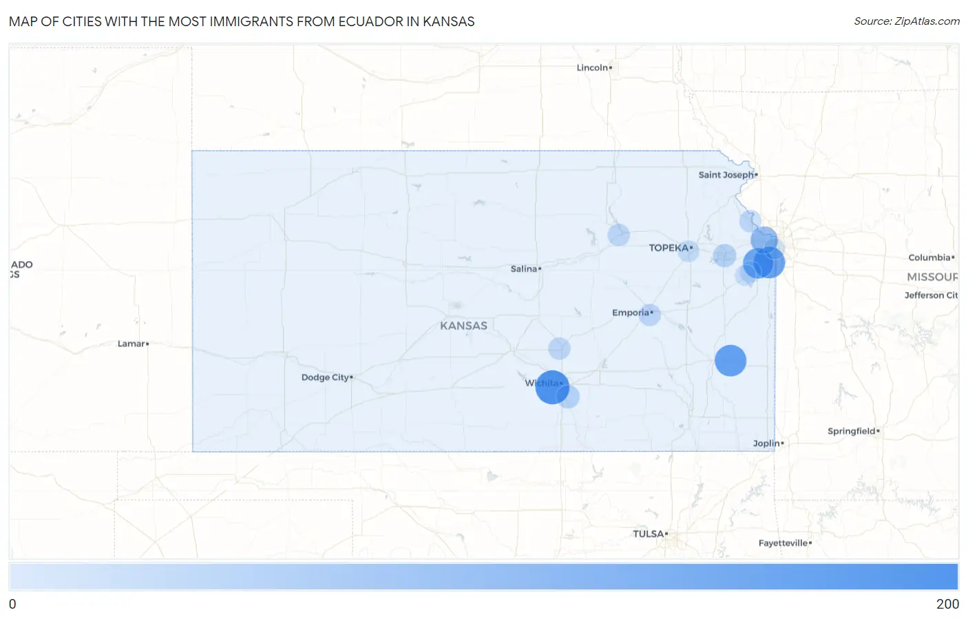 Cities with the Most Immigrants from Ecuador in Kansas Map