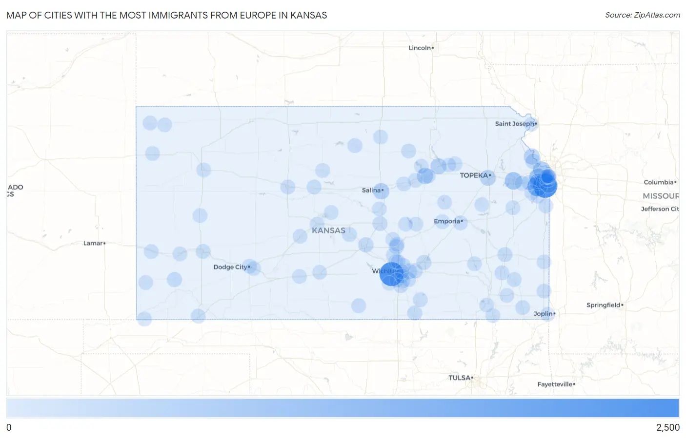 Cities with the Most Immigrants from Europe in Kansas Map