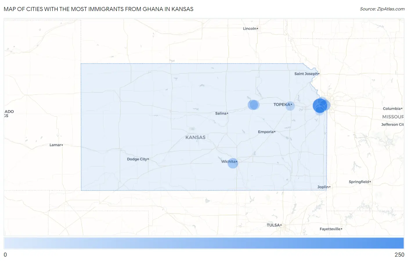 Cities with the Most Immigrants from Ghana in Kansas Map