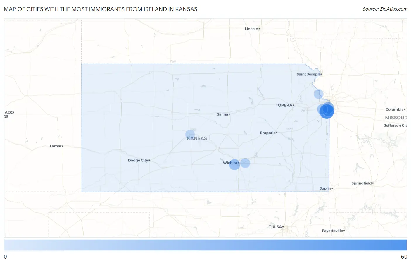 Cities with the Most Immigrants from Ireland in Kansas Map