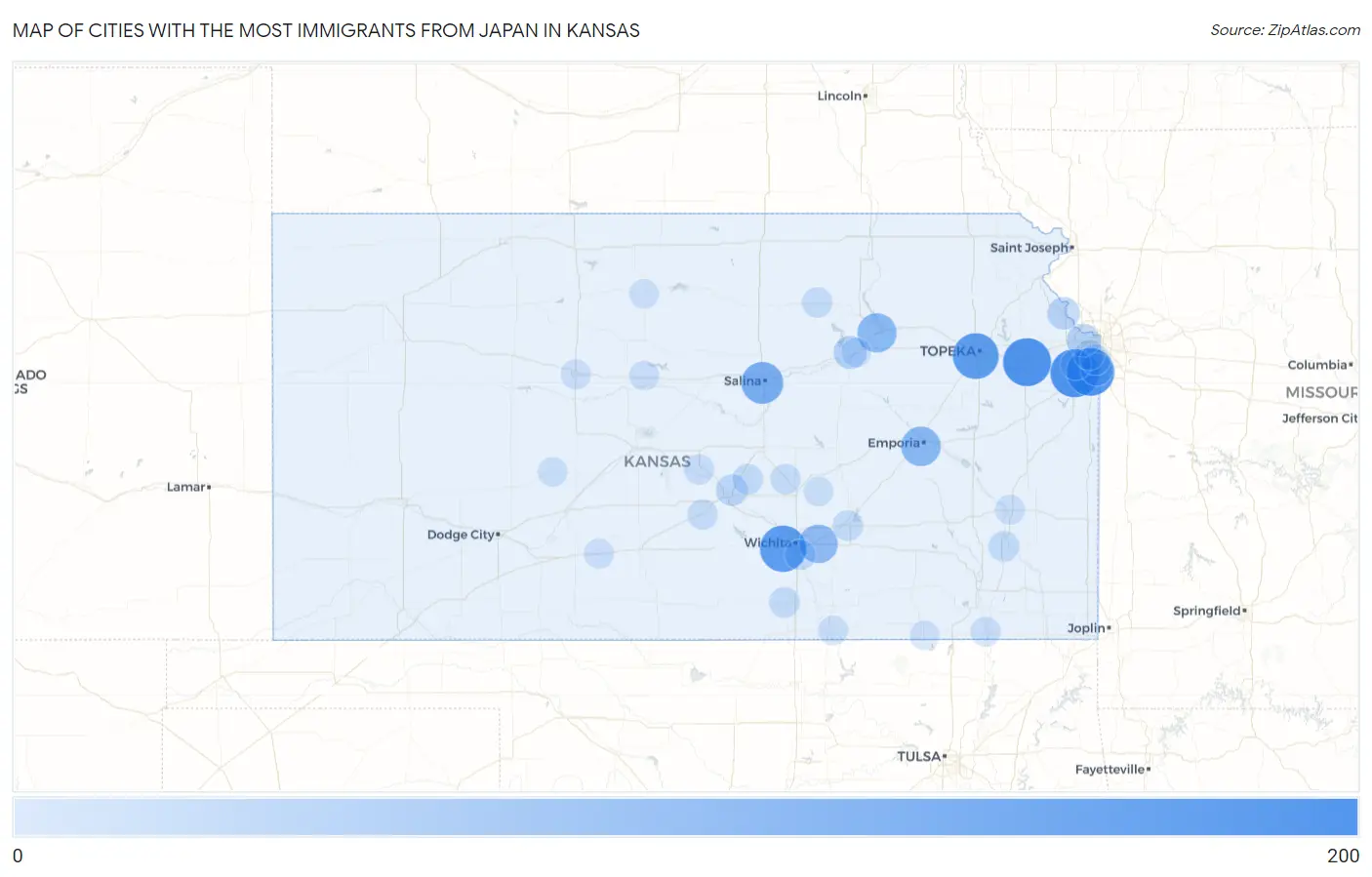 Cities with the Most Immigrants from Japan in Kansas Map