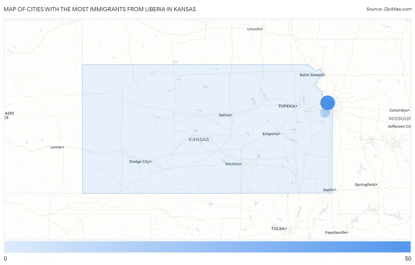 Cities with the Most Immigrants from Liberia in Kansas Map