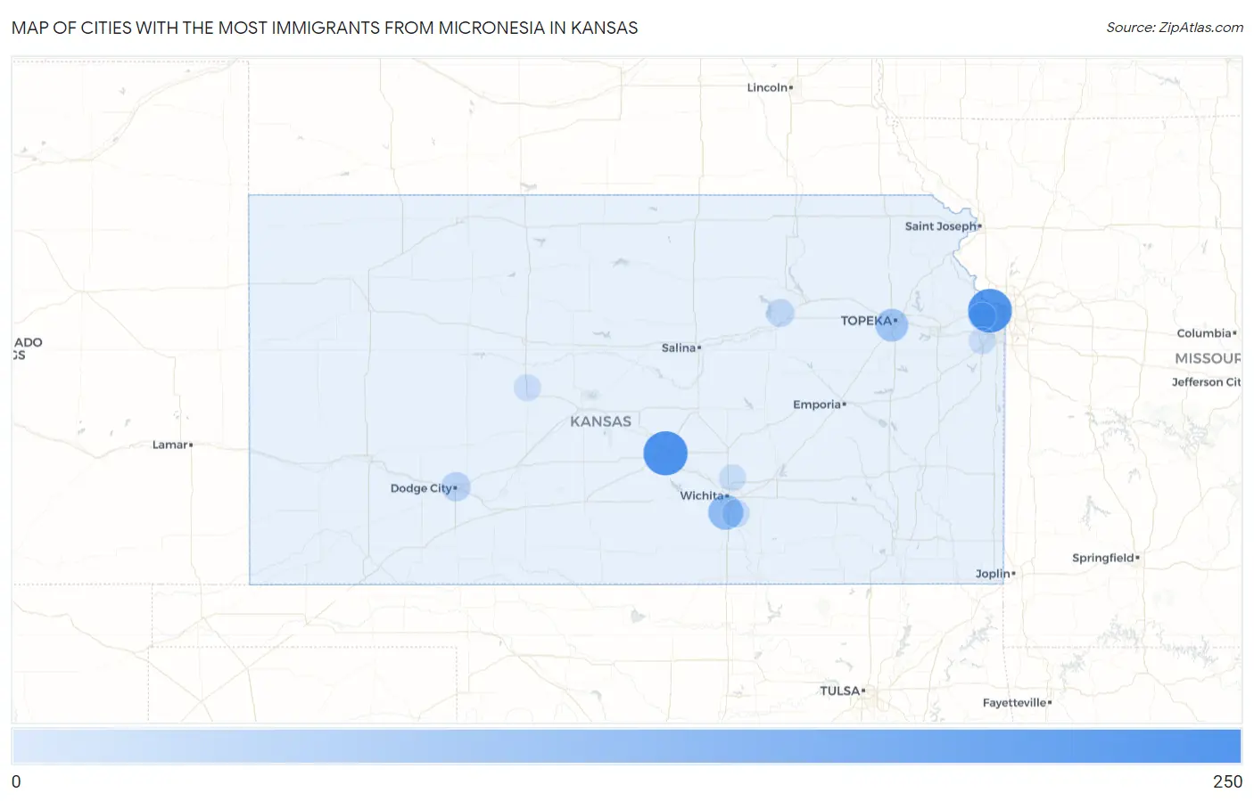 Cities with the Most Immigrants from Micronesia in Kansas Map
