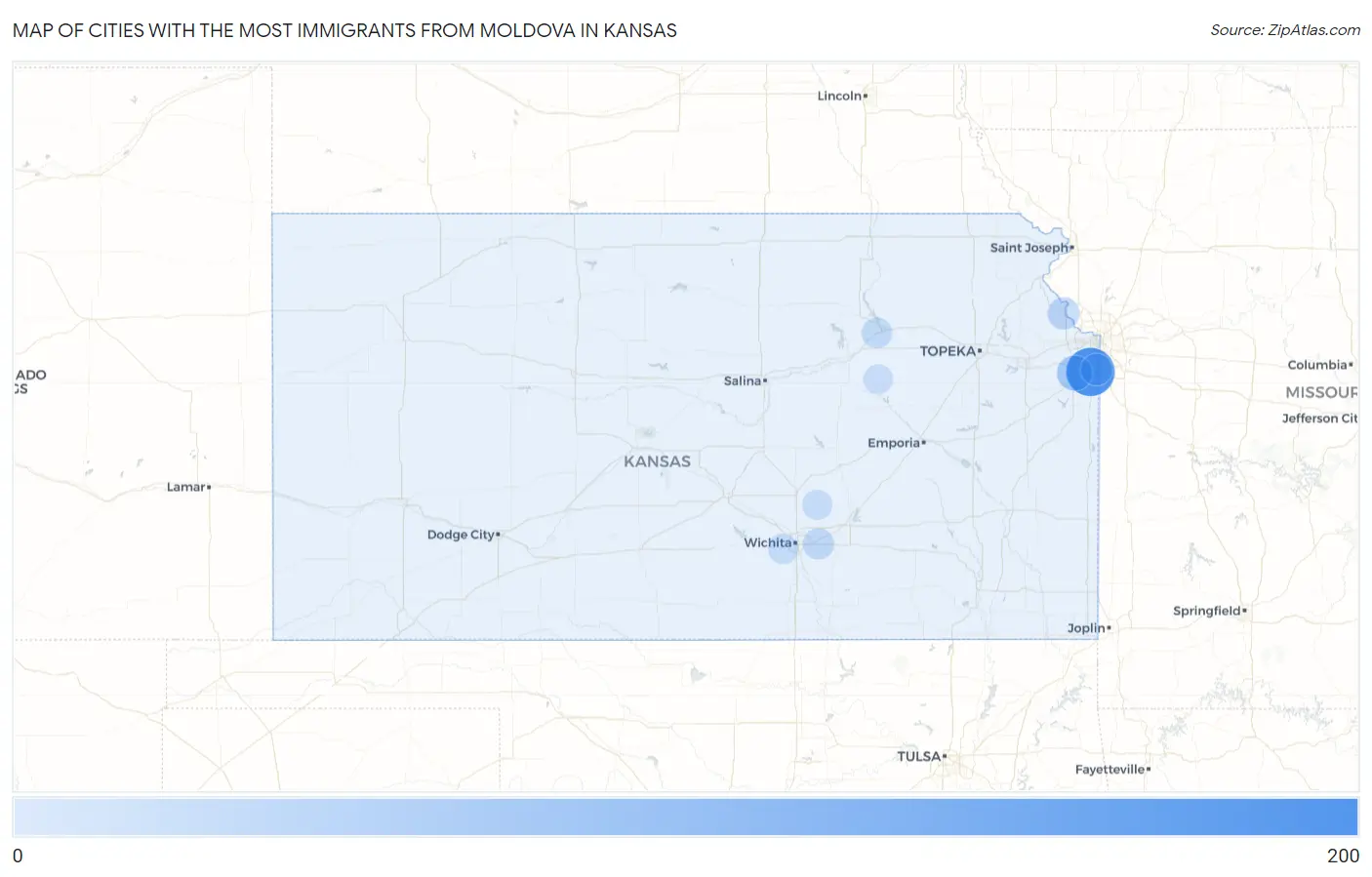 Cities with the Most Immigrants from Moldova in Kansas Map