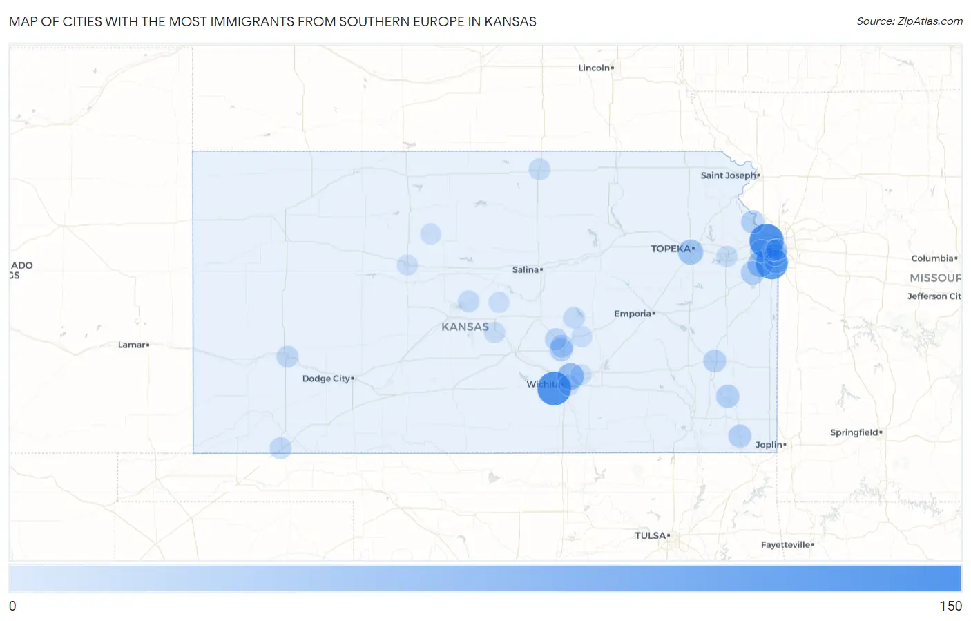 Cities with the Most Immigrants from Southern Europe in Kansas Map