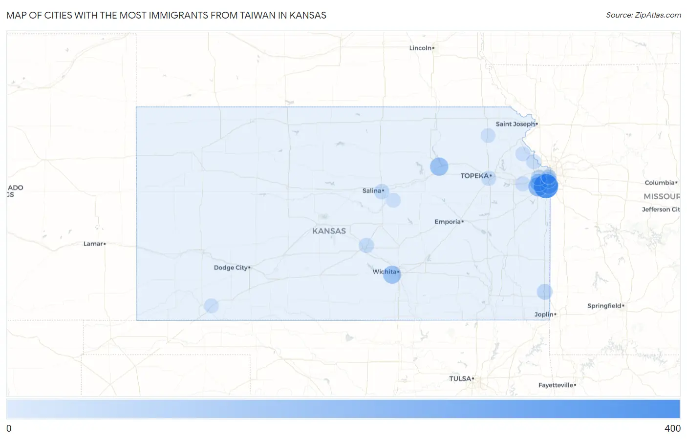Cities with the Most Immigrants from Taiwan in Kansas Map