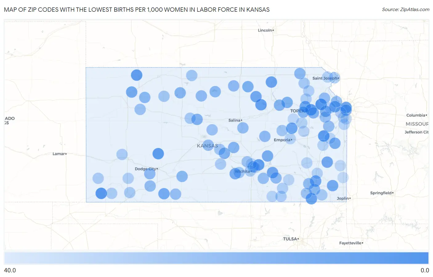 Zip Codes with the Lowest Births per 1,000 Women in Labor Force in Kansas Map