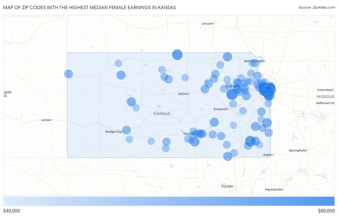 Zip Codes with the Highest Median Female Earnings in Kansas Map