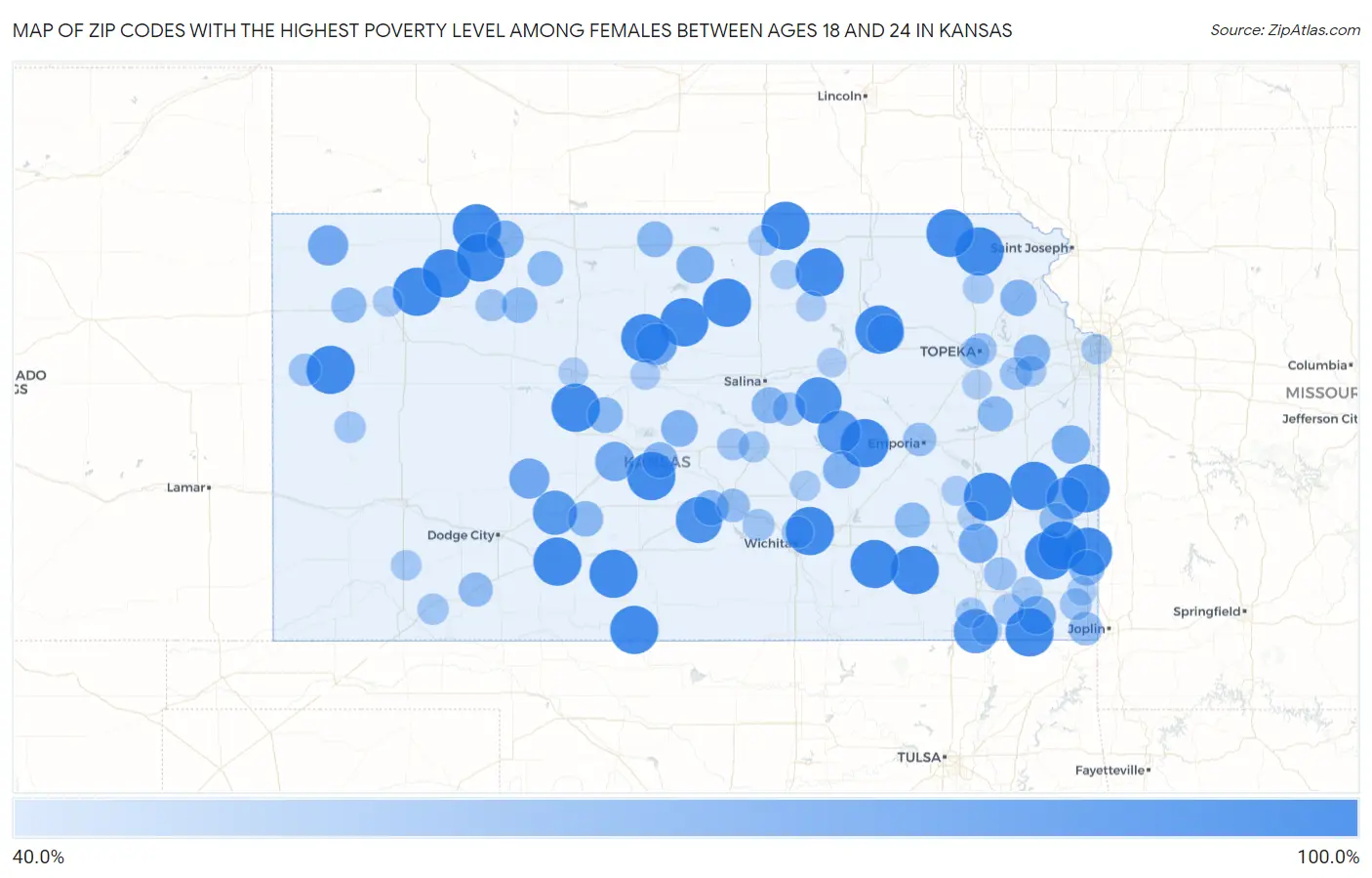 Zip Codes with the Highest Poverty Level Among Females Between Ages 18 and 24 in Kansas Map