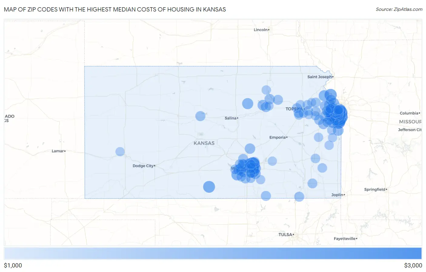 Zip Codes with the Highest Median Costs of Housing in Kansas Map