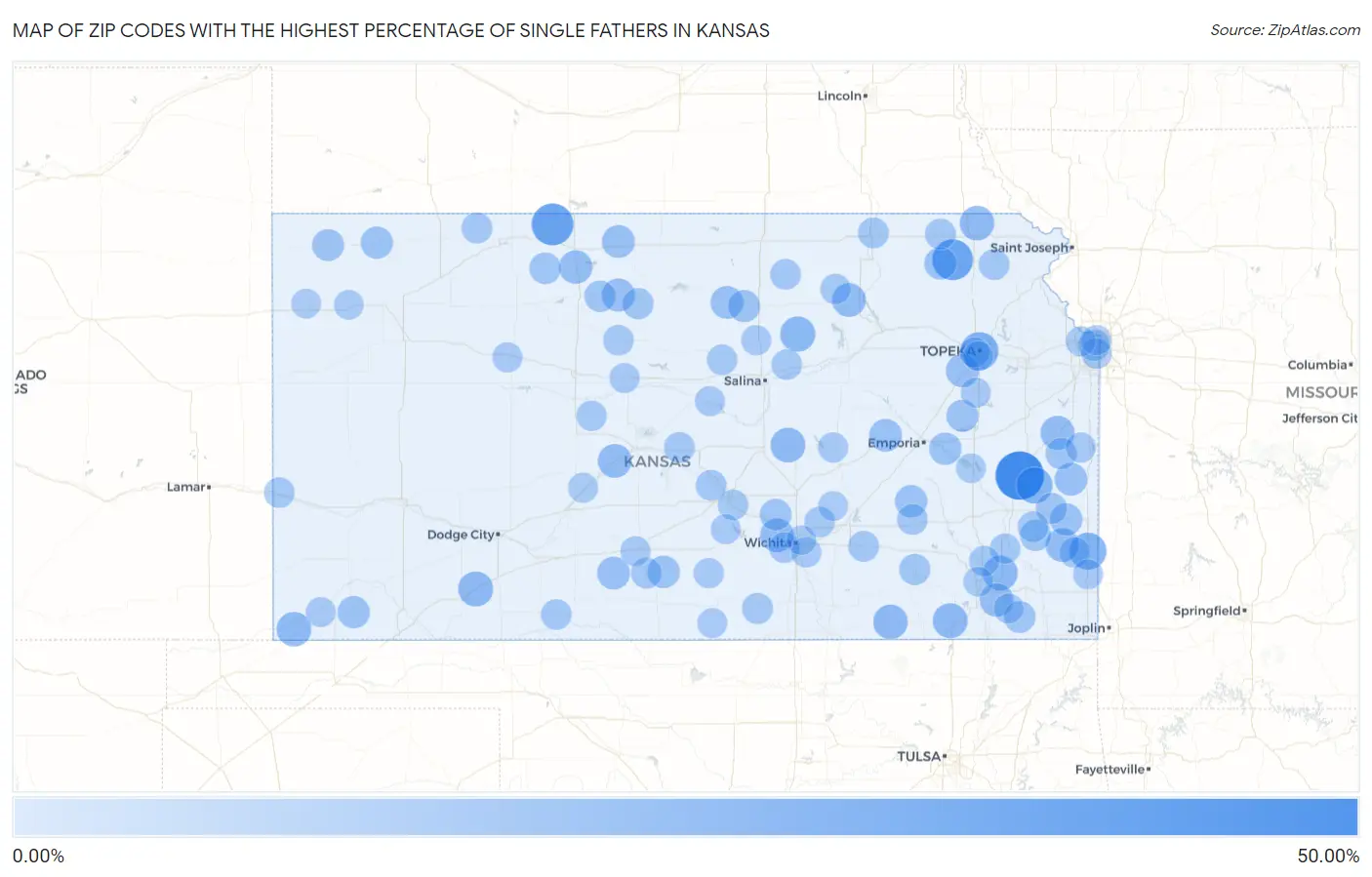 Zip Codes with the Highest Percentage of Single Fathers in Kansas Map