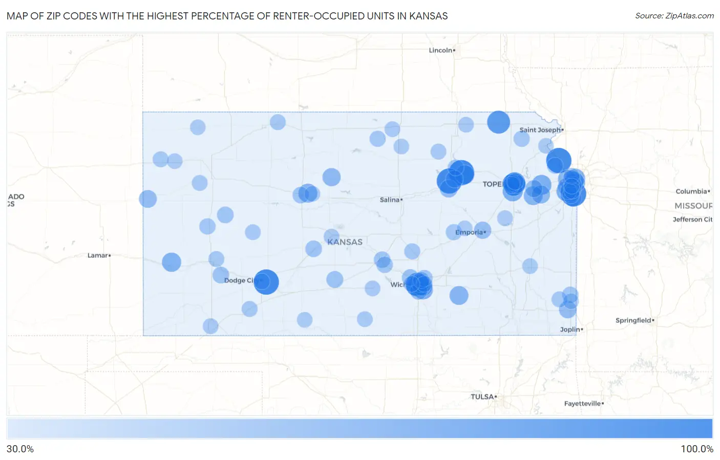 Zip Codes with the Highest Percentage of Renter-Occupied Units in Kansas Map