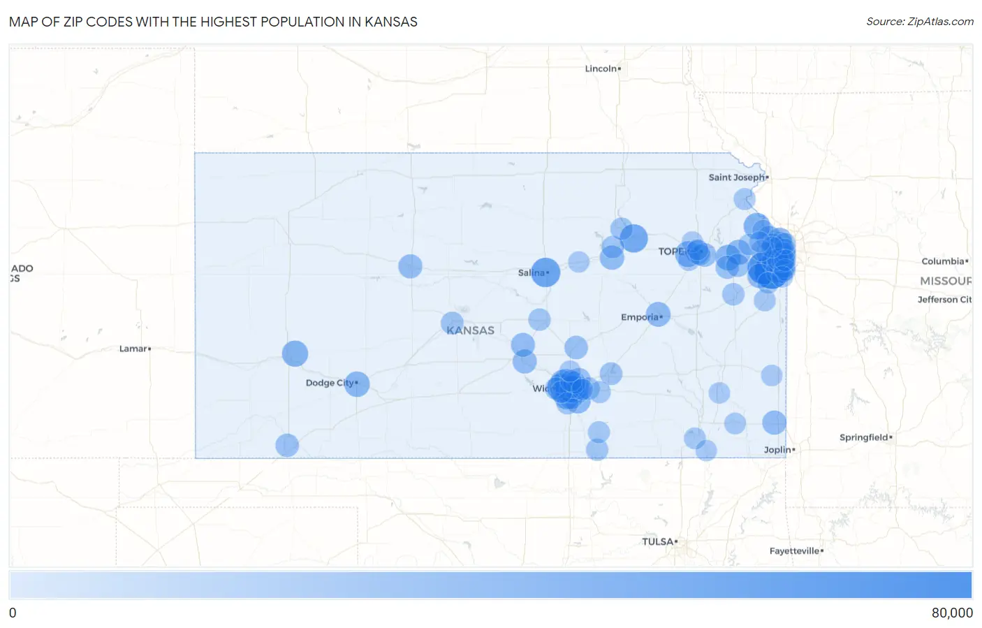 Zip Codes with the Highest Population in Kansas Map