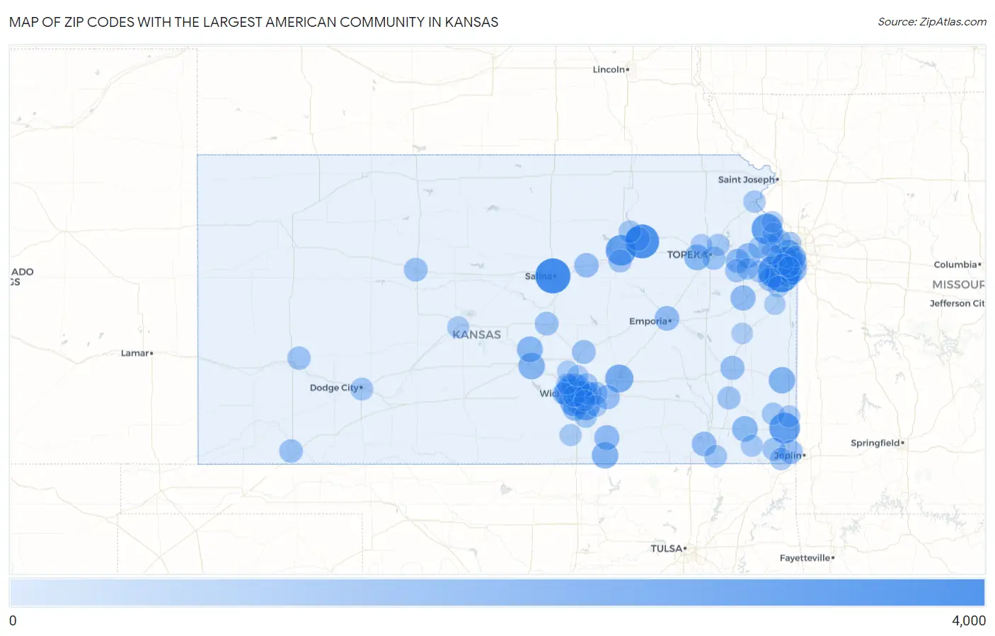 Zip Codes with the Largest American Community in Kansas Map
