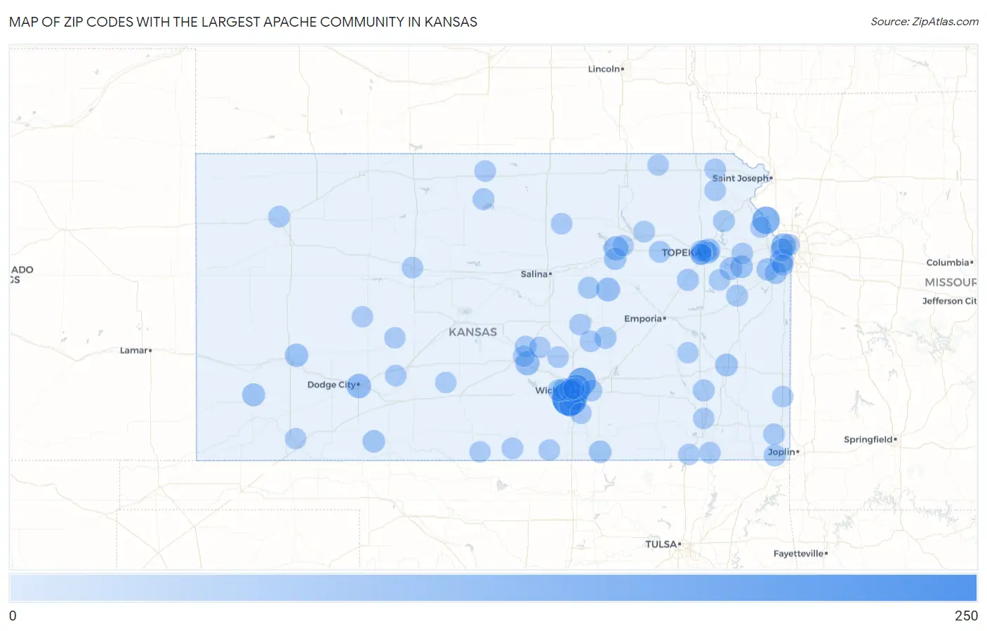 Zip Codes with the Largest Apache Community in Kansas Map