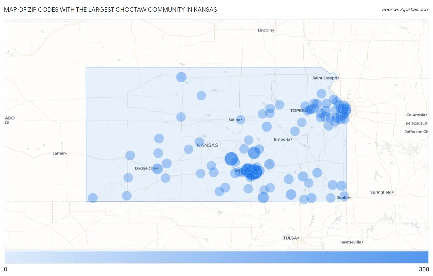 Zip Codes with the Largest Choctaw Community in Kansas Map