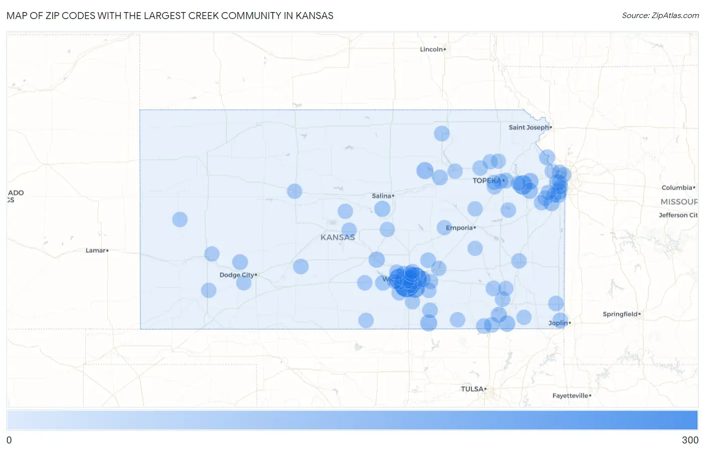 Zip Codes with the Largest Creek Community in Kansas Map