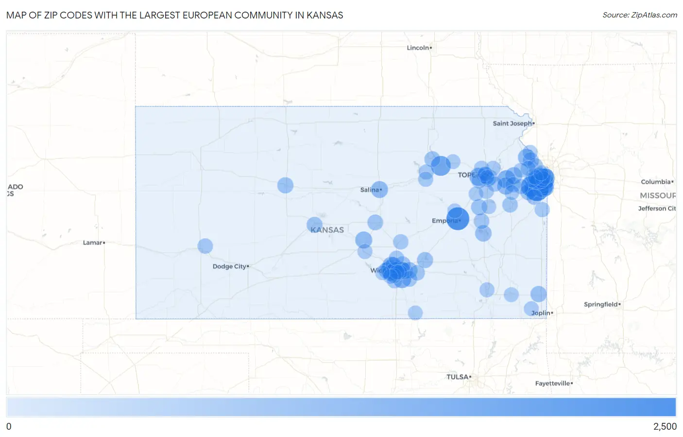 Zip Codes with the Largest European Community in Kansas Map