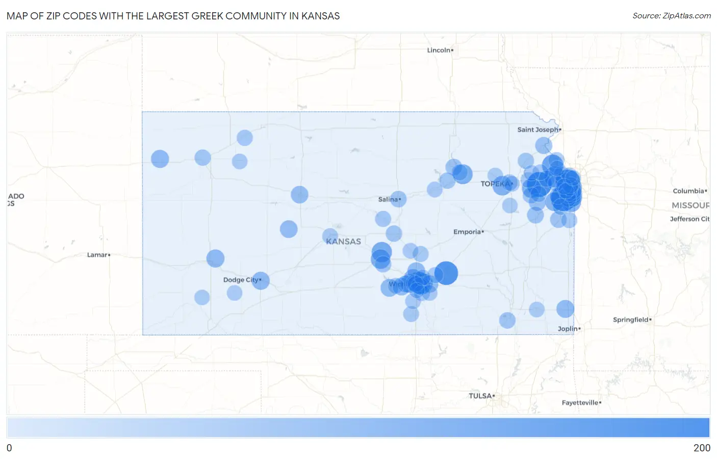 Zip Codes with the Largest Greek Community in Kansas Map